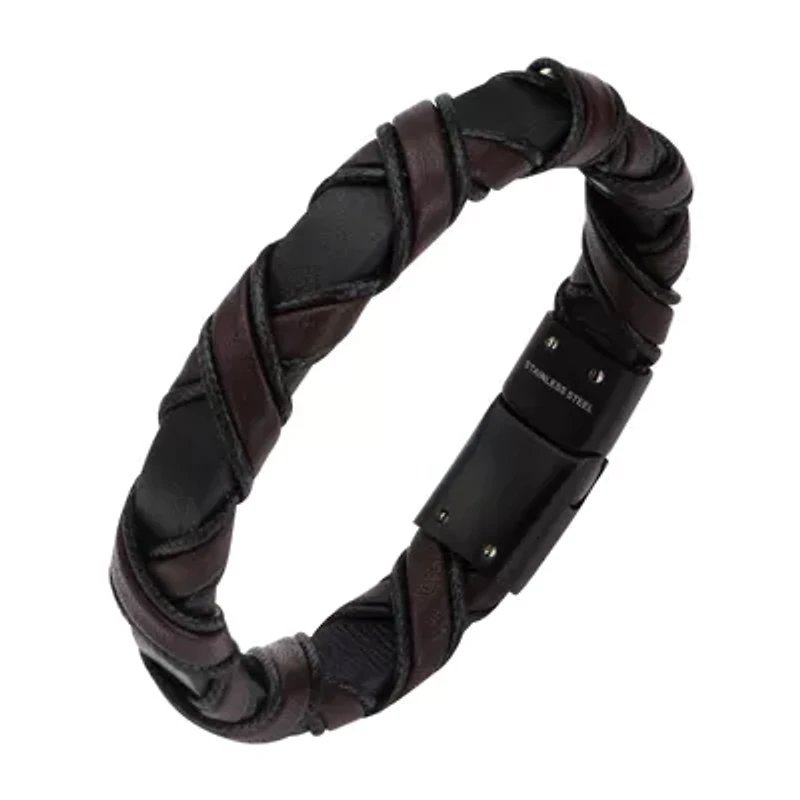 Inox® Jewelry Mens Black IP Stainless Steel & Brown Leather Bracelet
