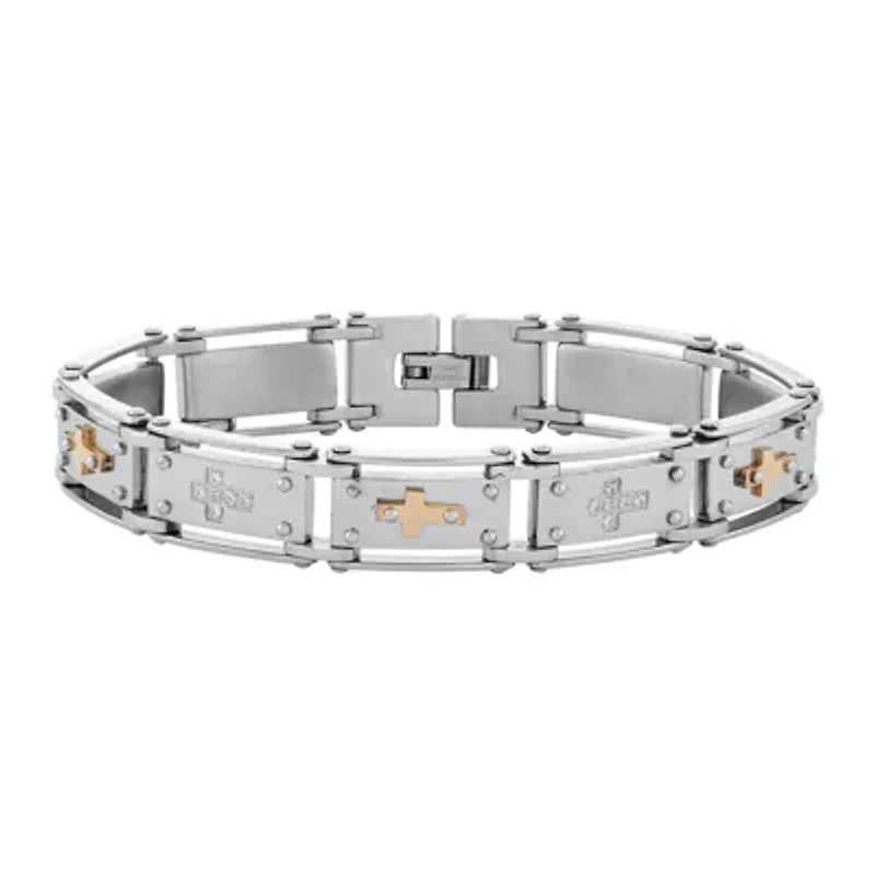 Mens Cubic Zirconia Stainless Steel Cross Chain Bracelet