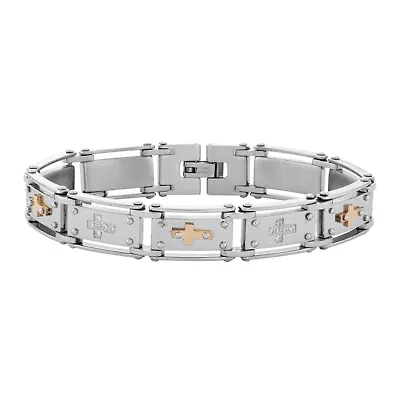 Mens Cubic Zirconia Stainless Steel Cross Chain Bracelet