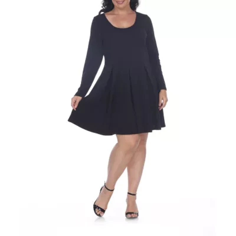 White Mark Womens Long Sleeve Plus Fit + Flare Dress