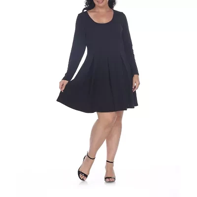 White Mark Womens Long Sleeve Plus Fit + Flare Dress