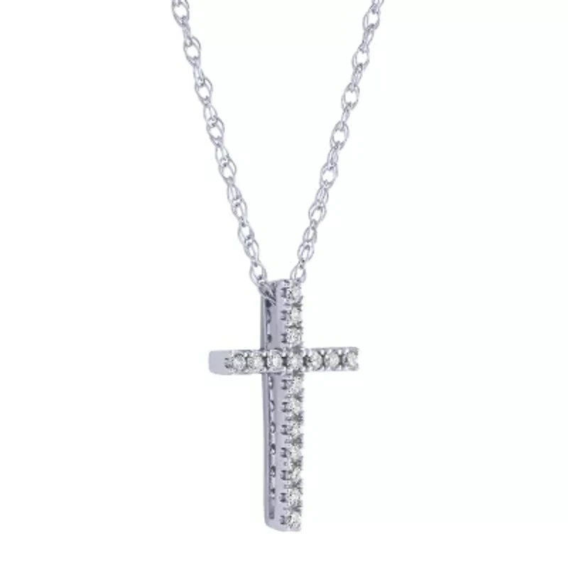 Womens 1/ CT. T.W. Natural White Diamond 10K White Gold Cross Inch Pendant Necklace