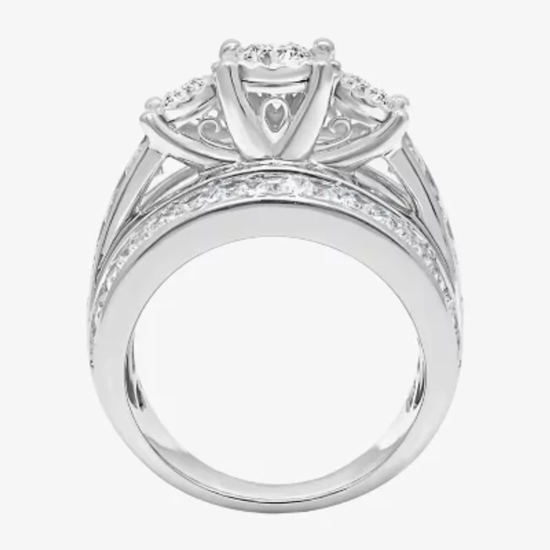 Love Lives Forever Womens 4 CT. T.W. Lab Grown White Diamond 10K Gold Round Side Stone 3-Stone Engagement Ring
