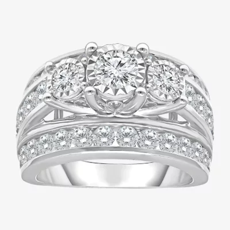 Love Lives Forever Womens 4 CT. T.W. Lab Grown White Diamond 10K Gold Round Side Stone 3-Stone Engagement Ring