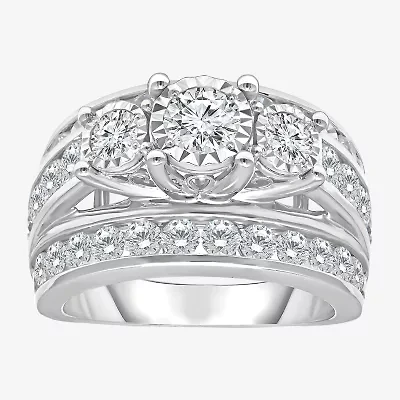 Love Lives Forever Womens 4 CT. T.W. Lab Grown White Diamond 10K Gold Round Side Stone 3-Stone Engagement Ring