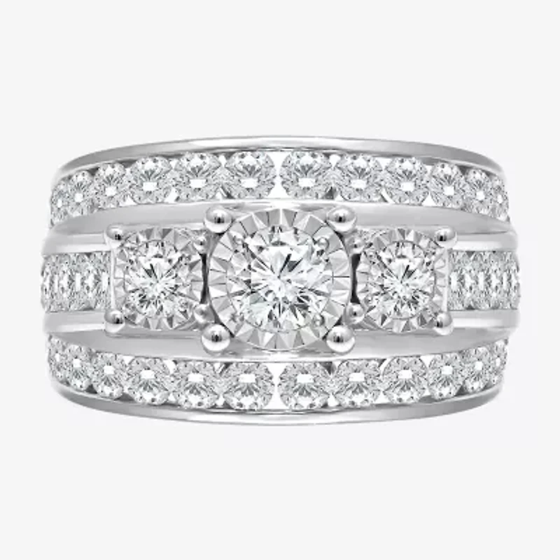 Love Lives Forever Womens 4 CT. T.W. Lab Grown White Diamond 10K Gold Round Side Stone 3-Stone Engagement Ring
