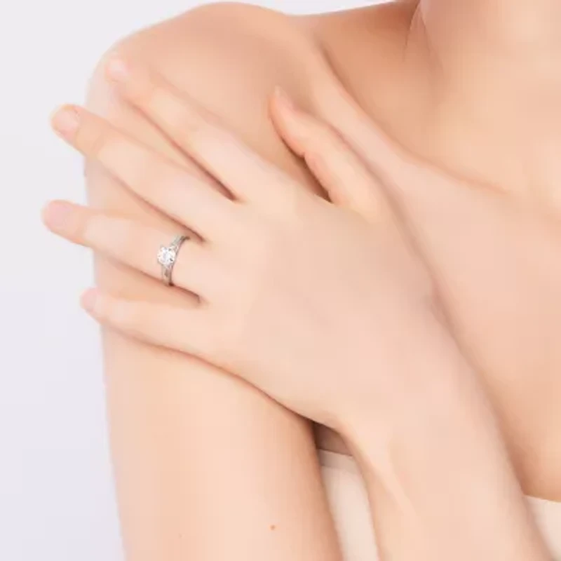 Womens Lab Created White Moissanite Sterling Silver Solitaire Engagement Ring