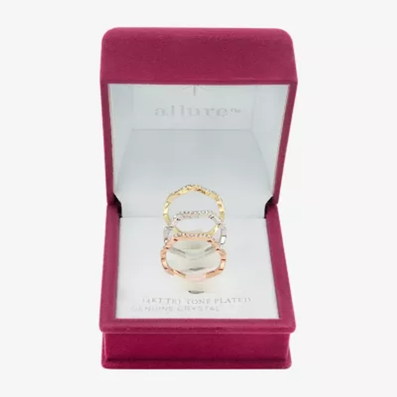 Sparkle Allure Wavy Delicate Stackable Womens Crystal 14K Gold Over Brass 18K Rose Ring Set
