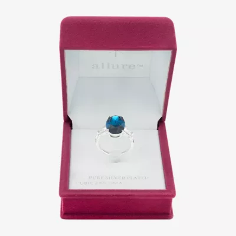 Sparkle Allure Womens Blue Cubic Zirconia Pure Silver Over Brass Oval Solitaire Cocktail Ring