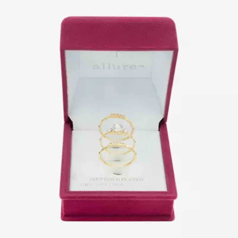 Sparkle Allure Womens White Cubic Zirconia 14K Gold Over Brass 3-Stone Delicate Ring Set