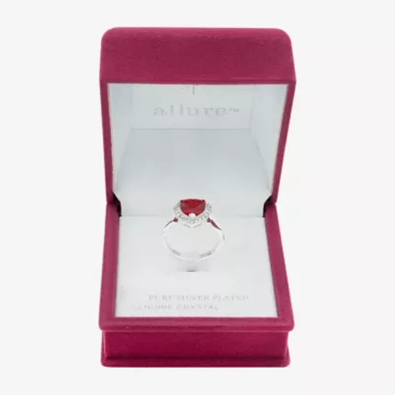 Sparkle Allure Womens Red Crystal Pure Silver Over Brass Heart Halo Cocktail Ring