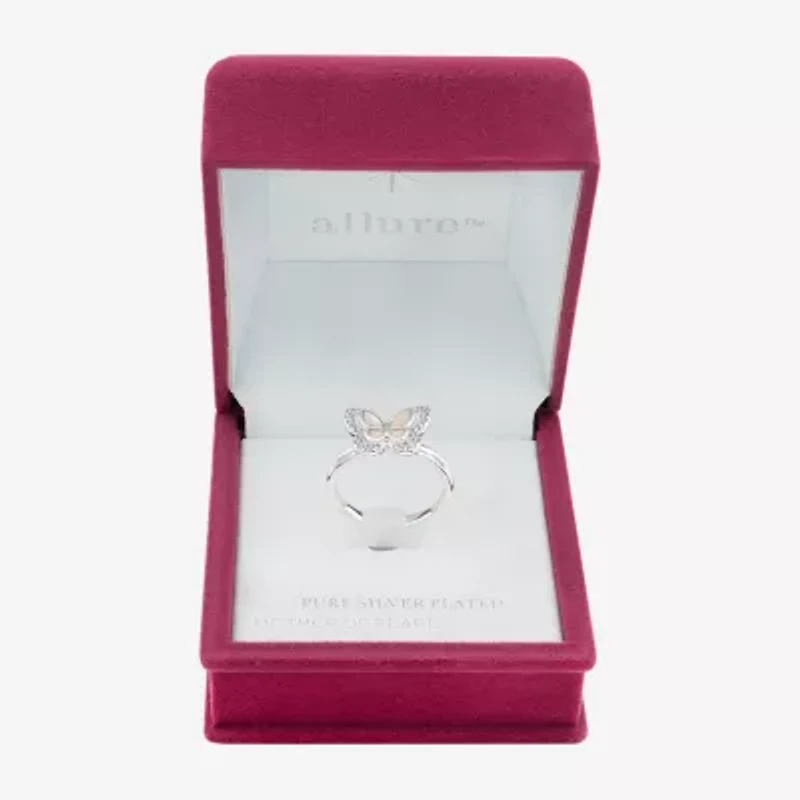 Sparkle Allure Womens White Mother Of Pearl Pure Silver Over Brass Butterfly Halo Cocktail Ring