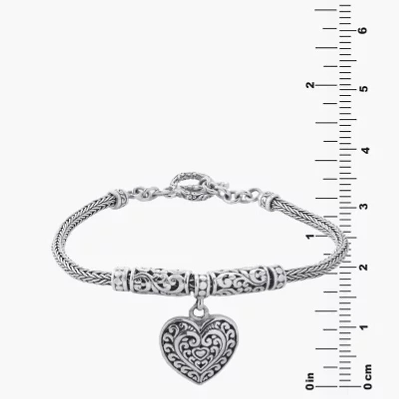 Bali Inspired Womens Sterling Silver Heart Charm Bracelet