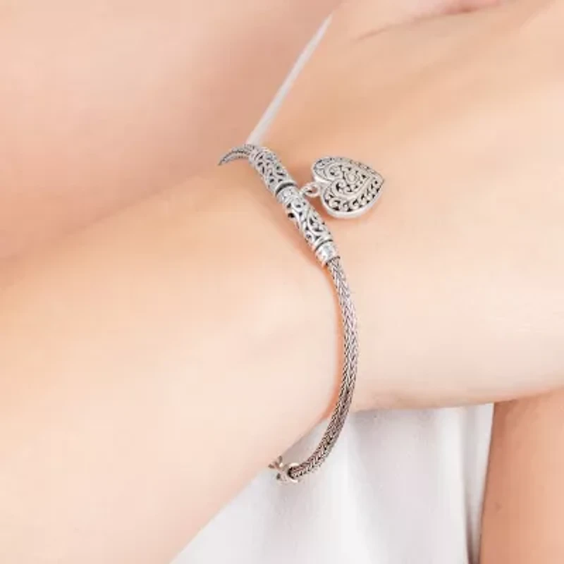 Bali Inspired Womens Sterling Silver Heart Charm Bracelet