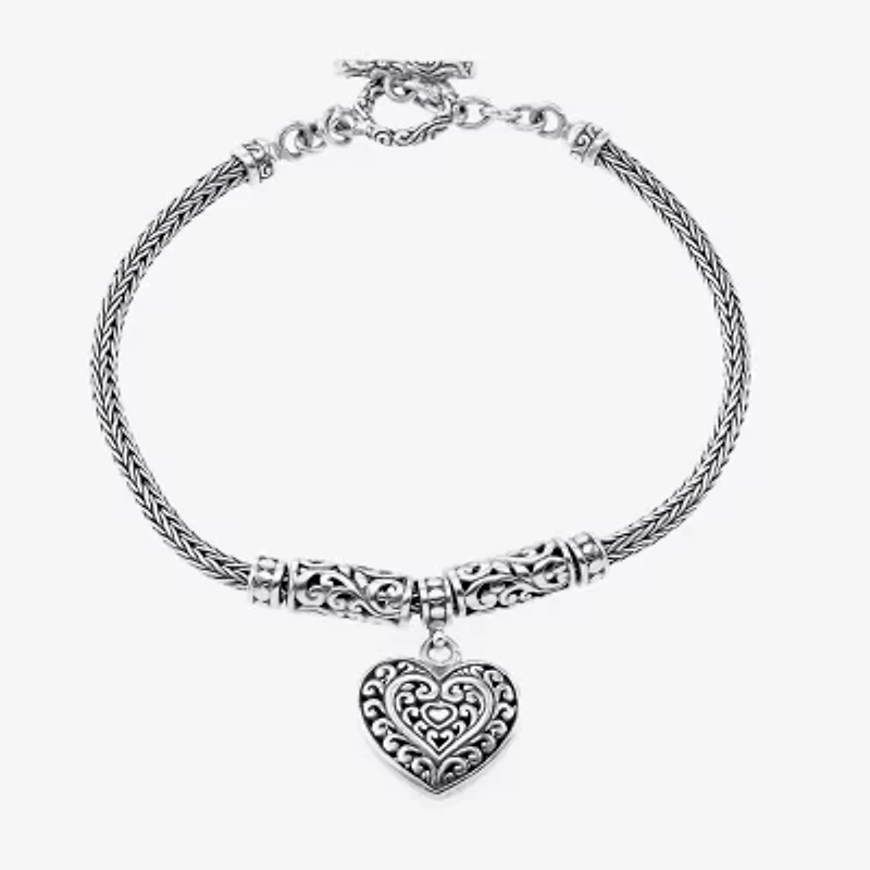 Bali Inspired Womens Sterling Silver Heart Charm Bracelet