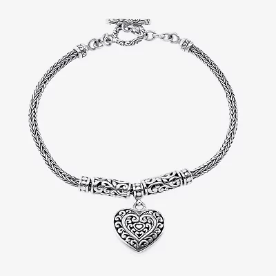 Bali Inspired Womens Sterling Silver Heart Charm Bracelet
