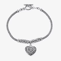 Bali Inspired Womens Sterling Silver Heart Charm Bracelet