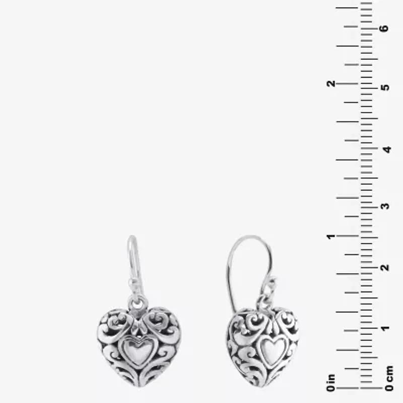 Bali Inspired Womens Sterling Silver Heart Drop Earrings