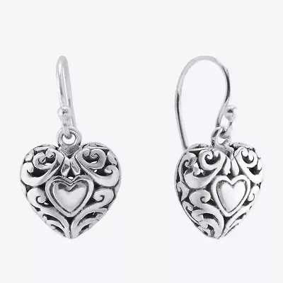 Bali Inspired Womens Sterling Silver Heart Drop Earrings