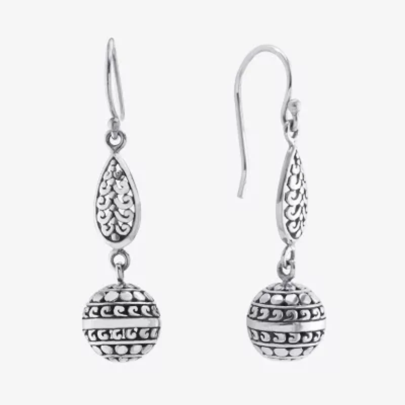 Bali Inspired Womens Sterling Silver Ball Round Drop Earrings