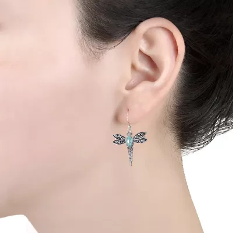 Womens Enhanced Blue Turquoise Sterling Silver Round Drop Earrings