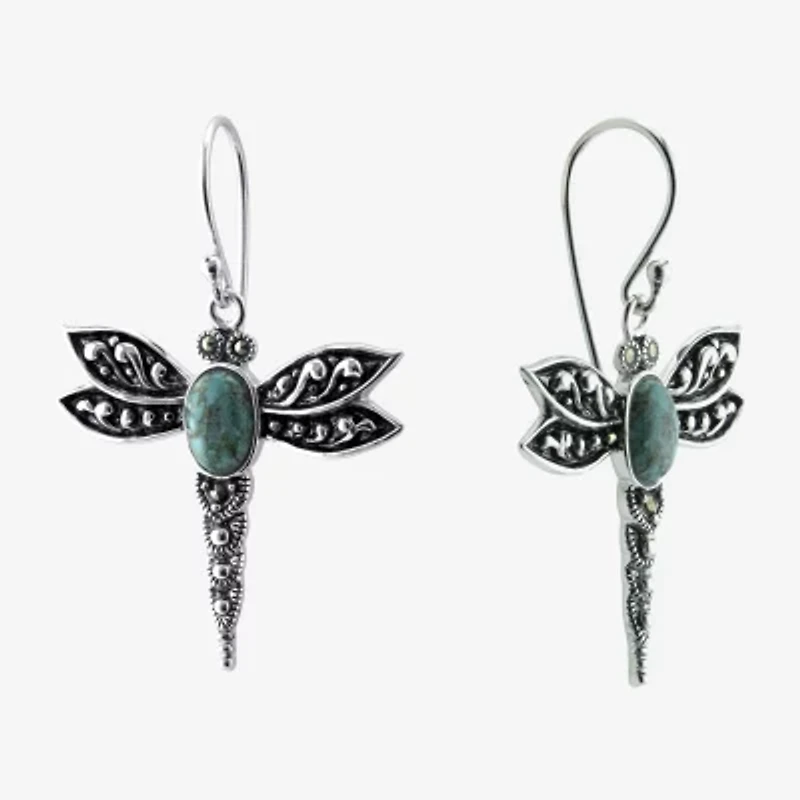 Womens Enhanced Blue Turquoise Sterling Silver Round Drop Earrings