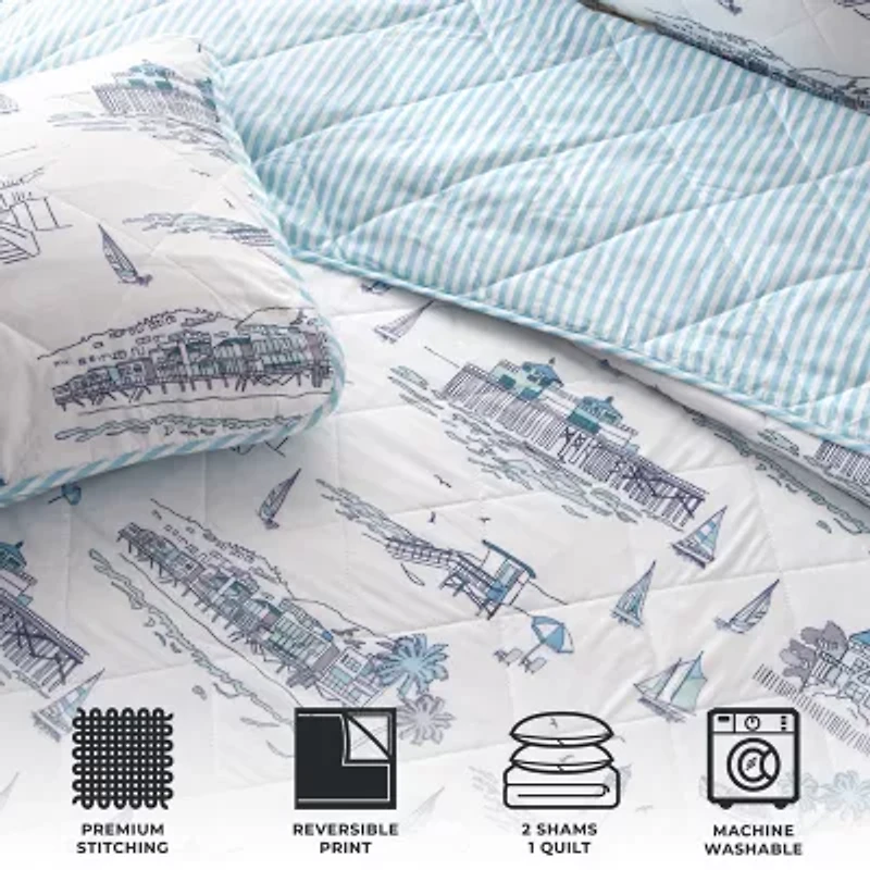 Linery Coastal Toile Reversible Reversible Quilt Set