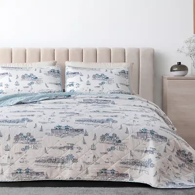 Linery Coastal Toile Reversible Reversible Quilt Set