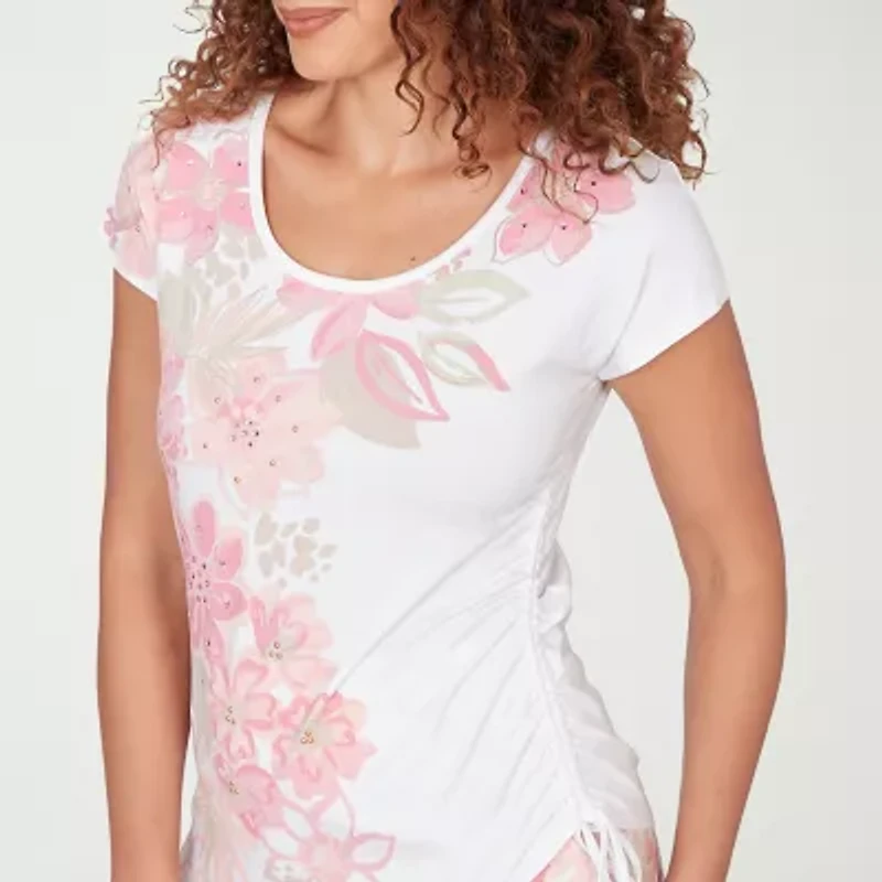 Hearts Of Palm Womens Scoop Neck Short Sleeve Embellished Blouse