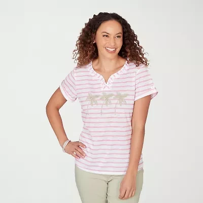 Hearts Of Palm Womens Split Crew Neck Short Sleeve Embellished Blouse