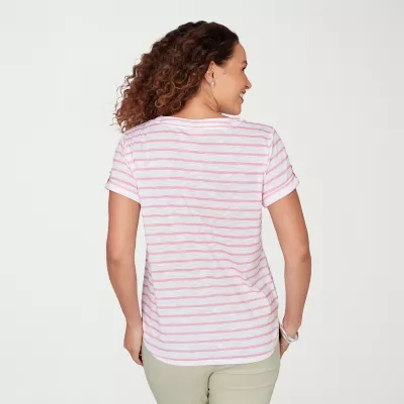 Hearts Of Palm Womens Split Crew Neck Short Sleeve Embellished Blouse