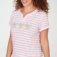 Hearts Of Palm Womens Split Crew Neck Short Sleeve Embellished Blouse