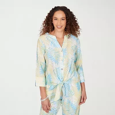 Hearts Of Palm Womens Split Crew Neck 3/4 Sleeve Blouse