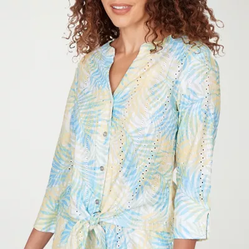 Hearts Of Palm Womens Split Crew Neck 3/4 Sleeve Blouse