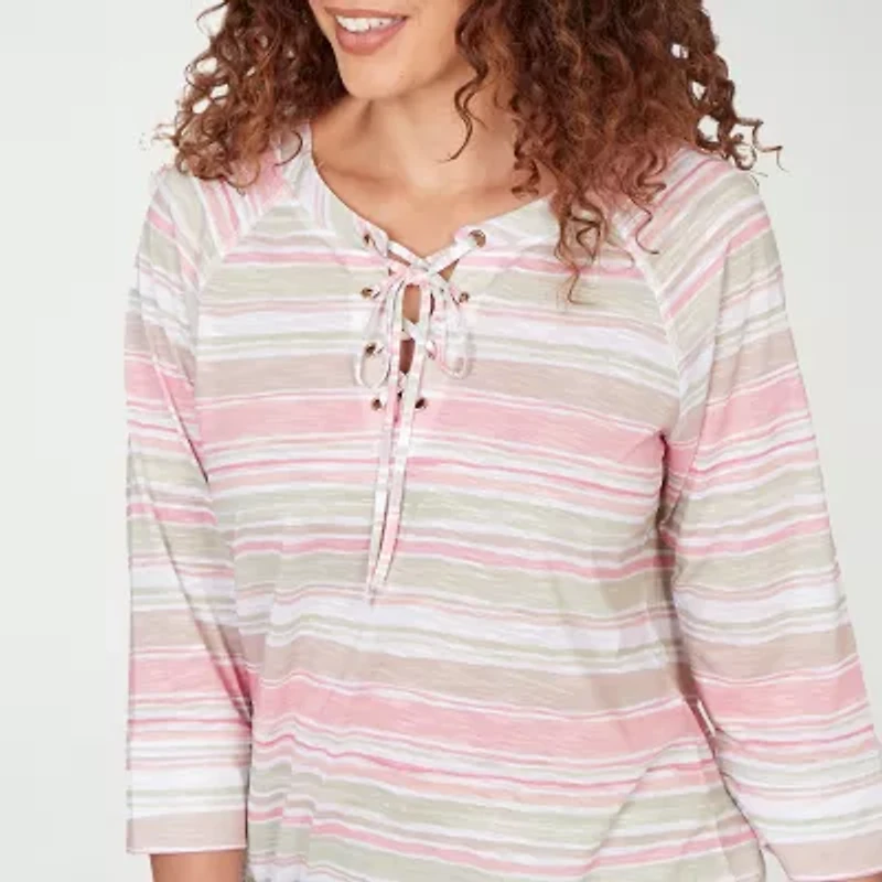 Hearts Of Palm Womens Crew Neck 3/4 Sleeve Embellished Blouse