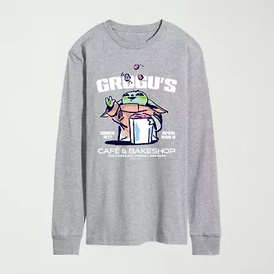 Novelty The Mandalorian And Grogu Cafe Bakeshop Mens Crew Neck Long Sleeve Regular Fit Baby Yoda Star Wars Graphic T-Shirt
