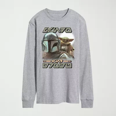 Novelty The Mandalorian And Grogu Aurebesh Alien Script Mens Crew Neck Long Sleeve Regular Fit Baby Yoda Star Wars Graphic T-Shirt