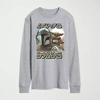 Novelty The Mandalorian And Grogu Aurebesh Alien Script Mens Crew Neck Long Sleeve Regular Fit Baby Yoda Star Wars Graphic T-Shirt