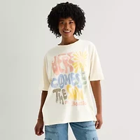 New World Womens Juniors Crew Neck Short Sleeve Oversized The Beatles Graphic T-Shirt