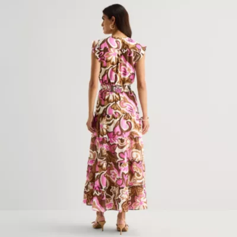 MSK Womens V Neck Sleeveless Flutter Maxi Dress