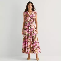 MSK Womens V Neck Sleeveless Flutter Maxi Dress