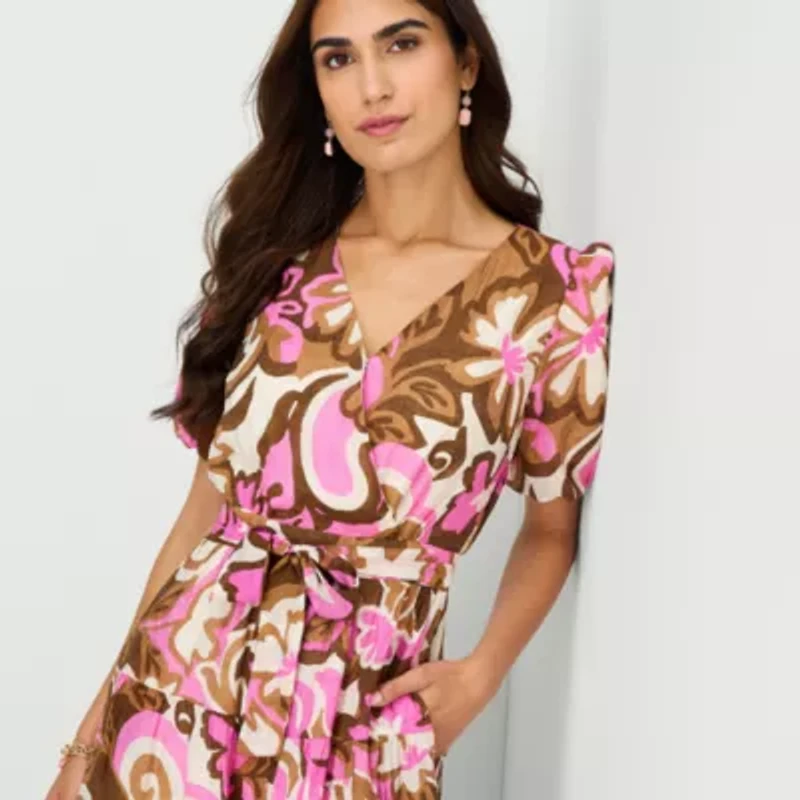 MSK Womens V Neck Short Sleeve Puffed Maxi Dress