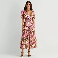 MSK Womens V Neck Short Sleeve Puffed Maxi Dress