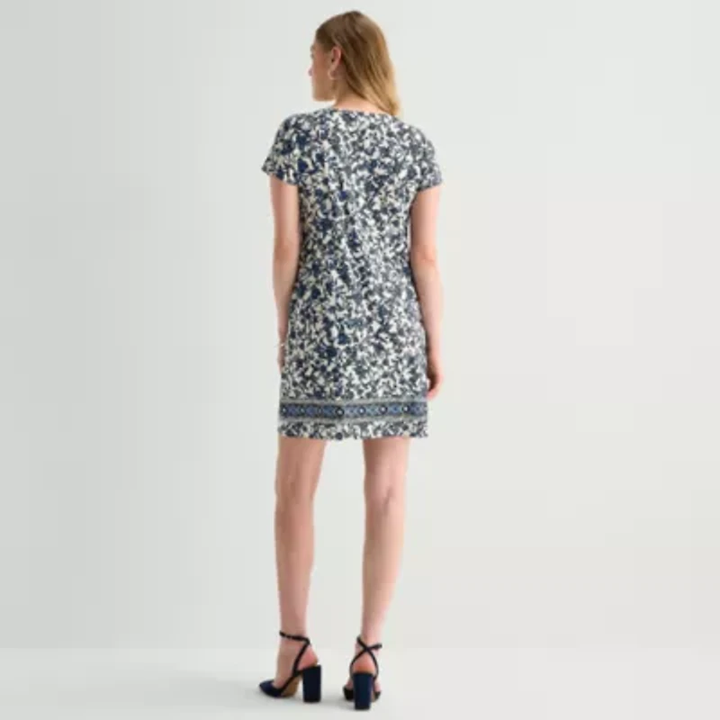 MSK Womens Keyhole Neck Short Sleeve Floral Shift Dress