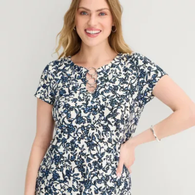 MSK Womens Keyhole Neck Short Sleeve Floral Shift Dress