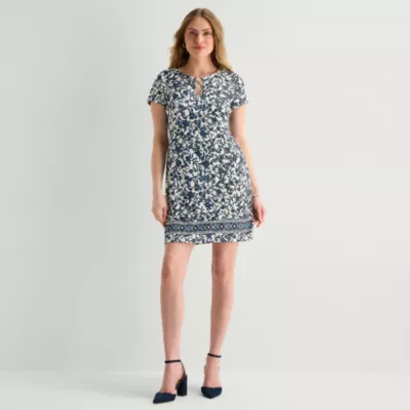 MSK Womens Keyhole Neck Short Sleeve Floral Shift Dress