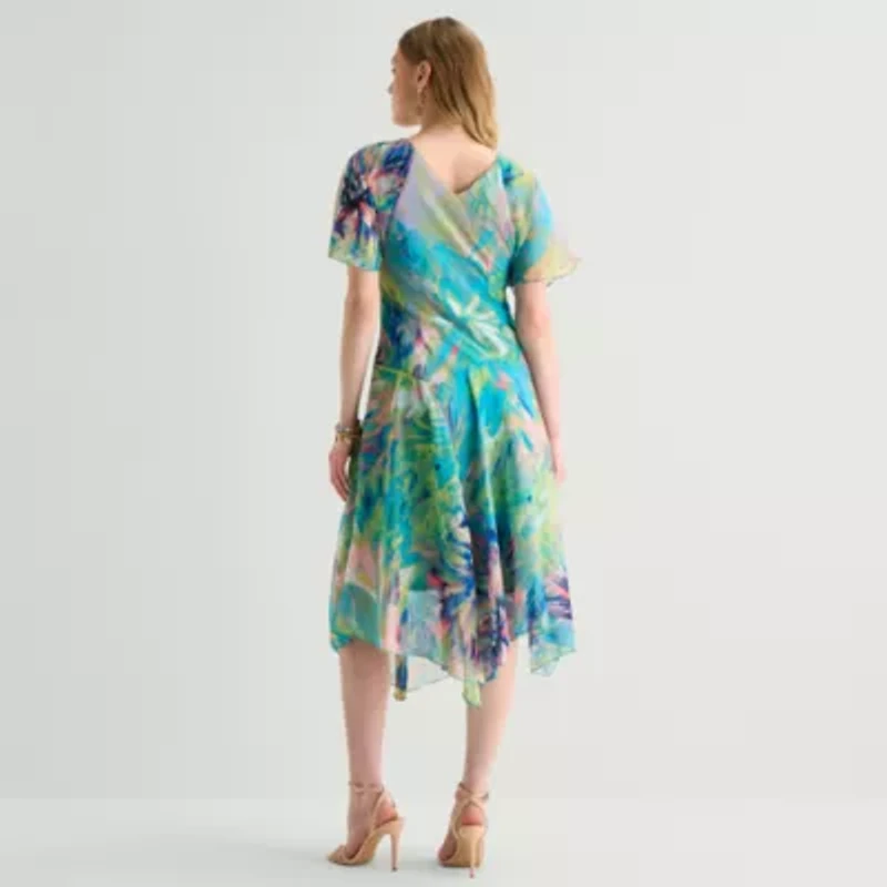 Rabbit Design Womens Midi V Neck Short Sleeve Flutter Abstract Fit + Flare Dress