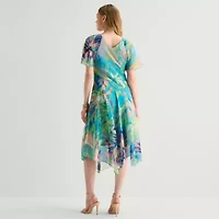 Rabbit Design Womens Midi V Neck Short Sleeve Flutter Abstract Fit + Flare Dress