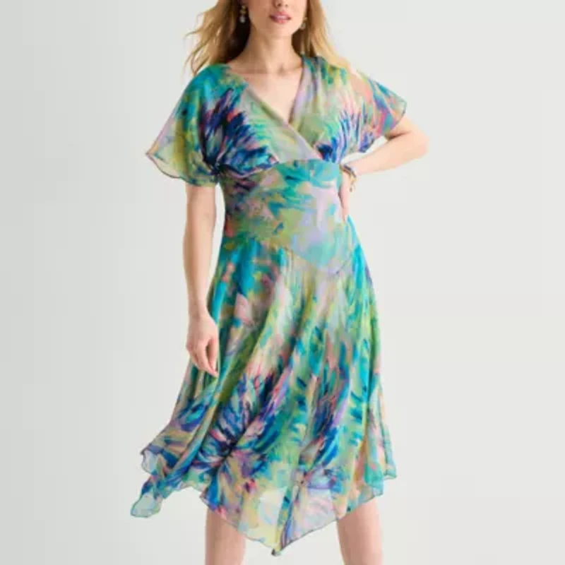 Rabbit Design Womens Midi V Neck Short Sleeve Flutter Abstract Fit + Flare Dress