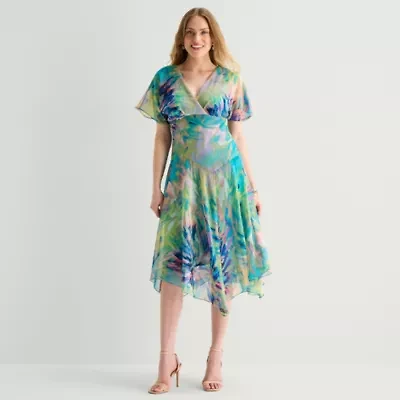 Rabbit Design Womens Midi V Neck Short Sleeve Flutter Abstract Fit + Flare Dress